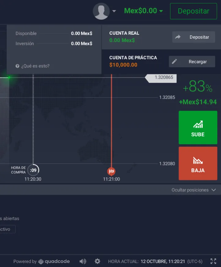 Menú de saldo de IQ Option con las opciones CUENTA REAL y CUENTA DE PRÁCTICA