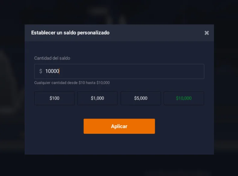 Ventana para recargar la cuenta de práctica de IQ Option con saldo de 10 a 10,000 dólares