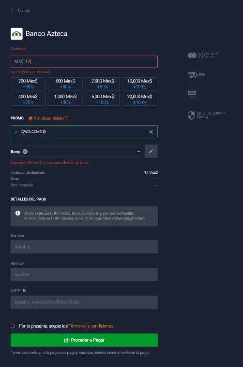 Tabla de bono de IQWELCOME en pesos en el formulario de depósito de IQ Option