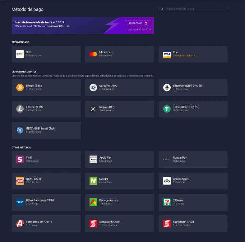 Lista de métodos de depósito de IQ Option en México: SPEI, tarjetas, cripto, OXXO CASH y tiendas