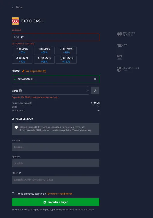 Formulario de depósito con OXXO CASH en IQ Option, de 175 a 7,316 pesos