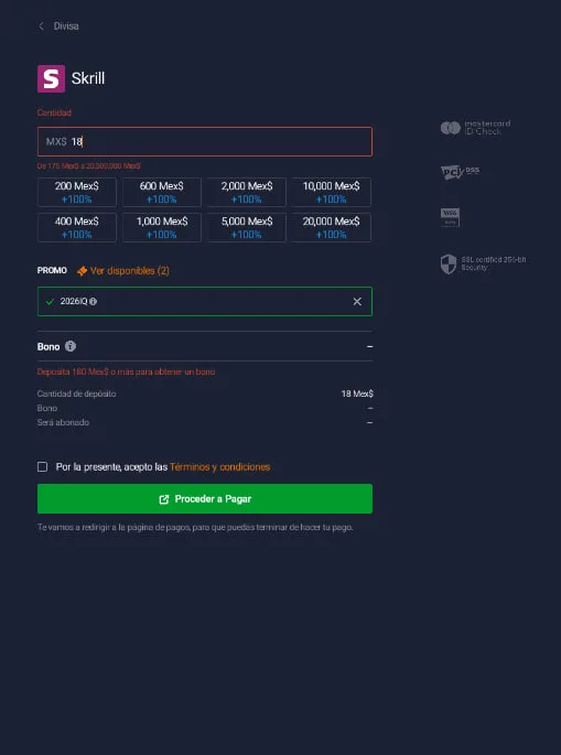 Código 2026IQ aplicado en el formulario de depósito de IQ Option con +100% en cada monto