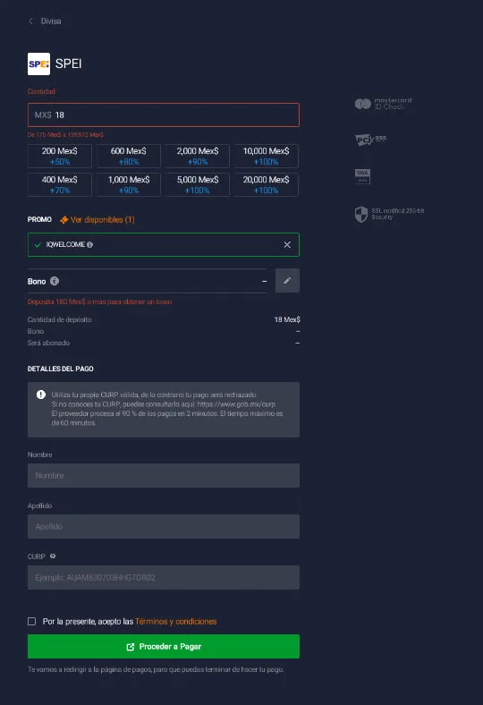 Formulario de depósito por SPEI en IQ Option con monto en pesos, código promocional y CURP