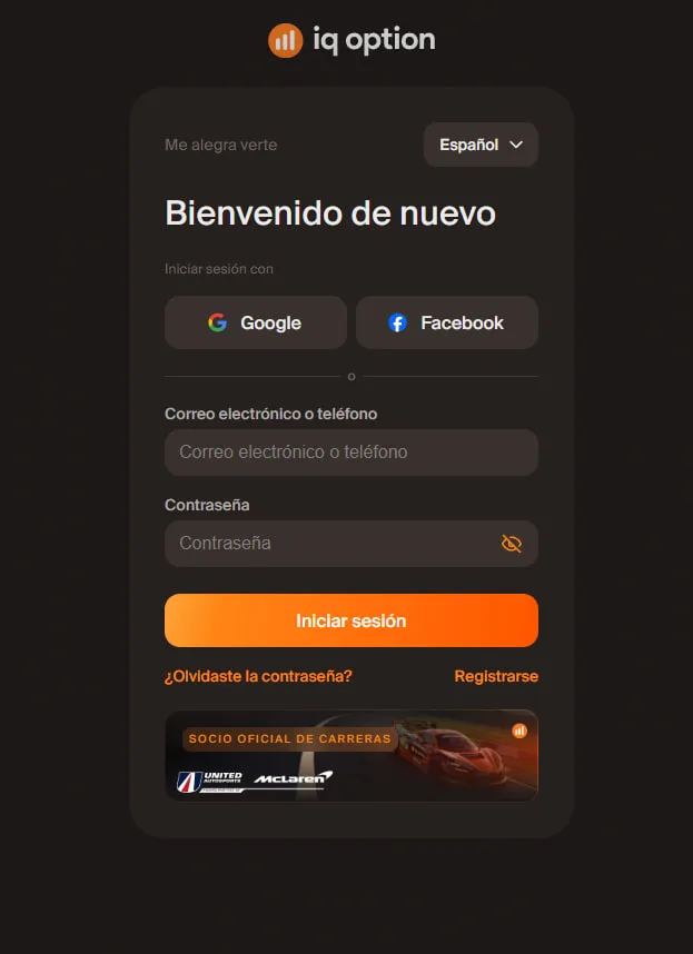 Pantalla de inicio de sesión de IQ Option en español con Google, Facebook, correo o teléfono