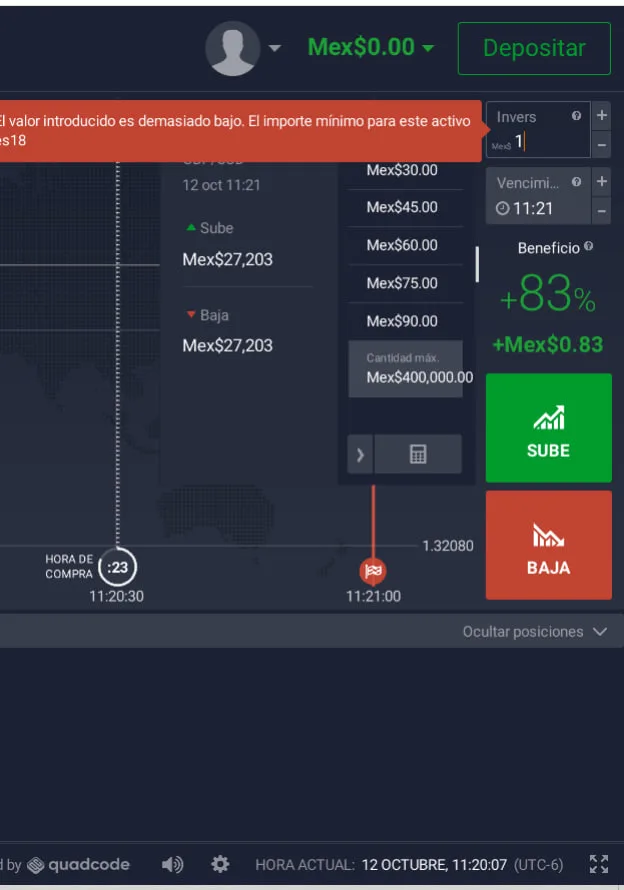 Boleta de opciones de IQ Option con inversión mínima de 18 pesos, vencimiento y beneficio de 83%