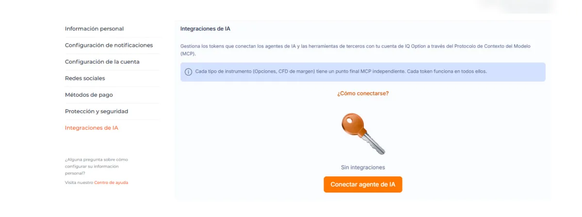 Sección Integraciones de IA del perfil de IQ Option para conectar agentes de IA