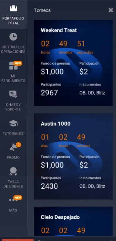 Lista de torneos de IQ Option con fondo de premios, cuota de participación e instrumentos
