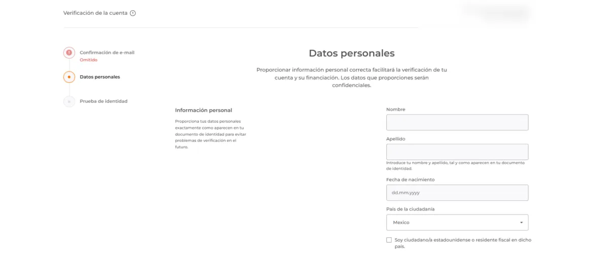 Paso Datos personales de la verificación de cuenta de IQ Option